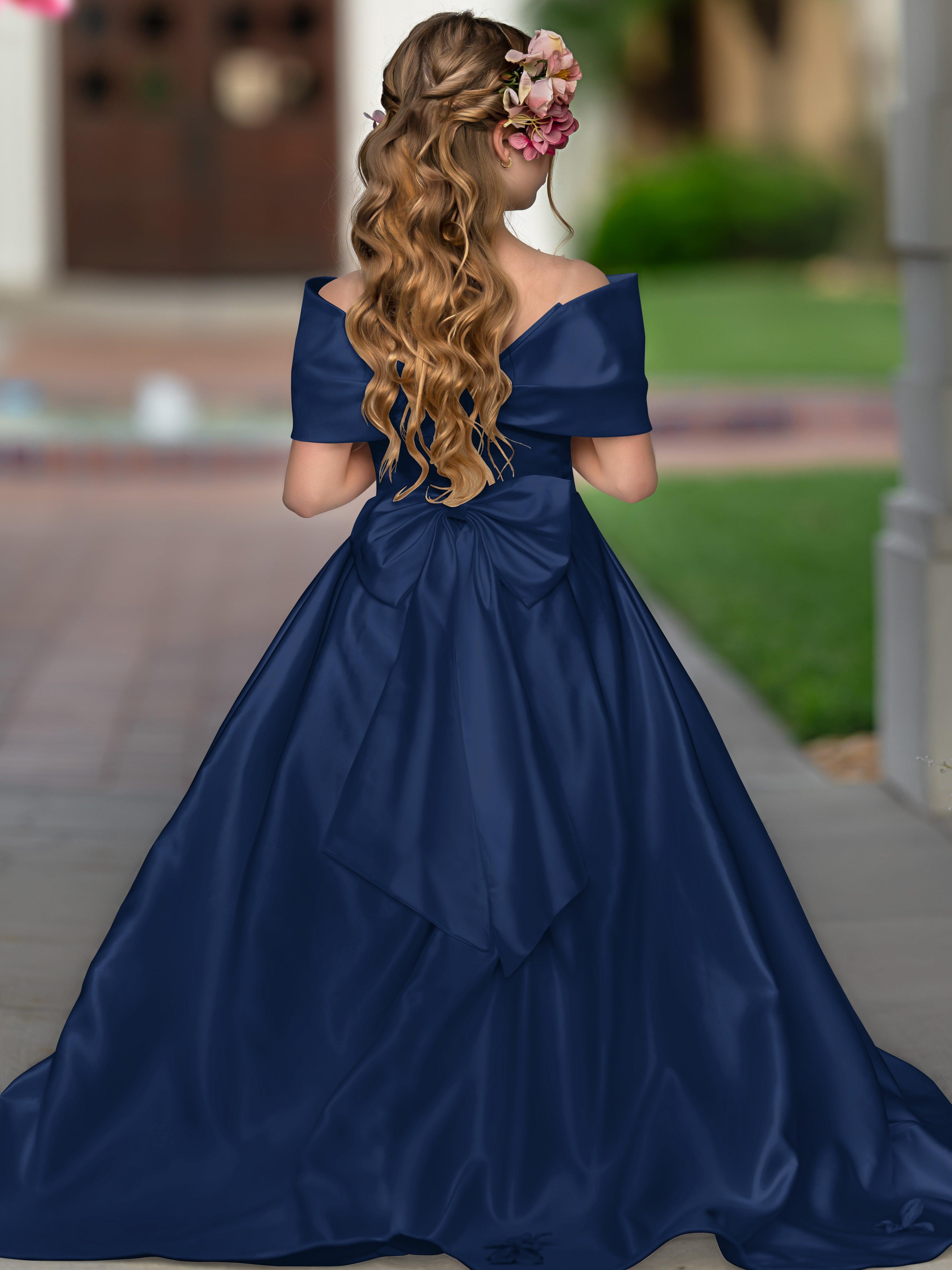 Ivory Satin Flower Girl Princess Ball Gown With Sweep Train And Bow Trim
