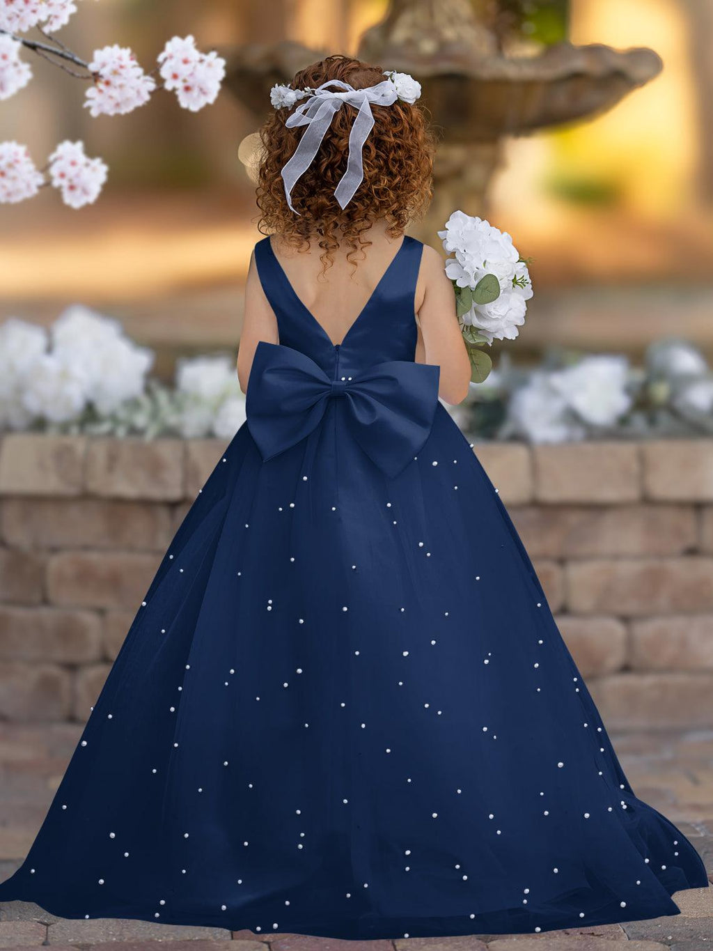 Floor Length V Neck Satin Tulle Princess Flower Girl Dress