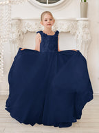 Elegant White Tulle Flower Girl Applique Lace Dress With Sweep Train