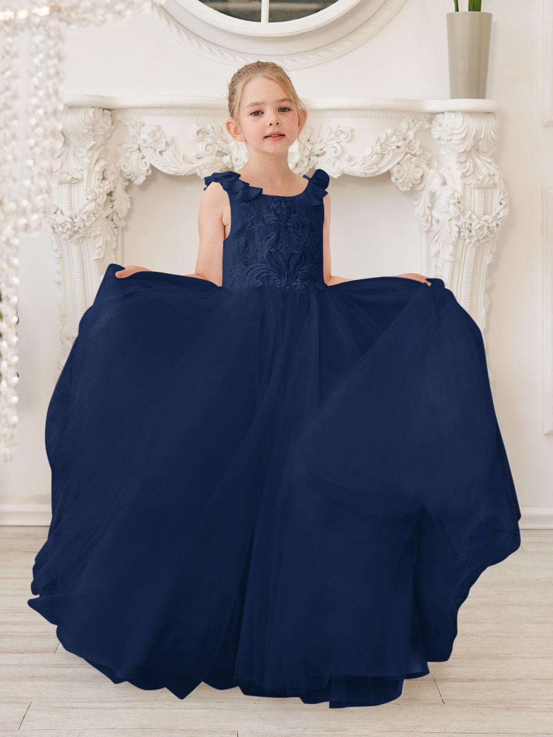Elegant White Tulle Flower Girl Applique Lace Dress With Sweep Train