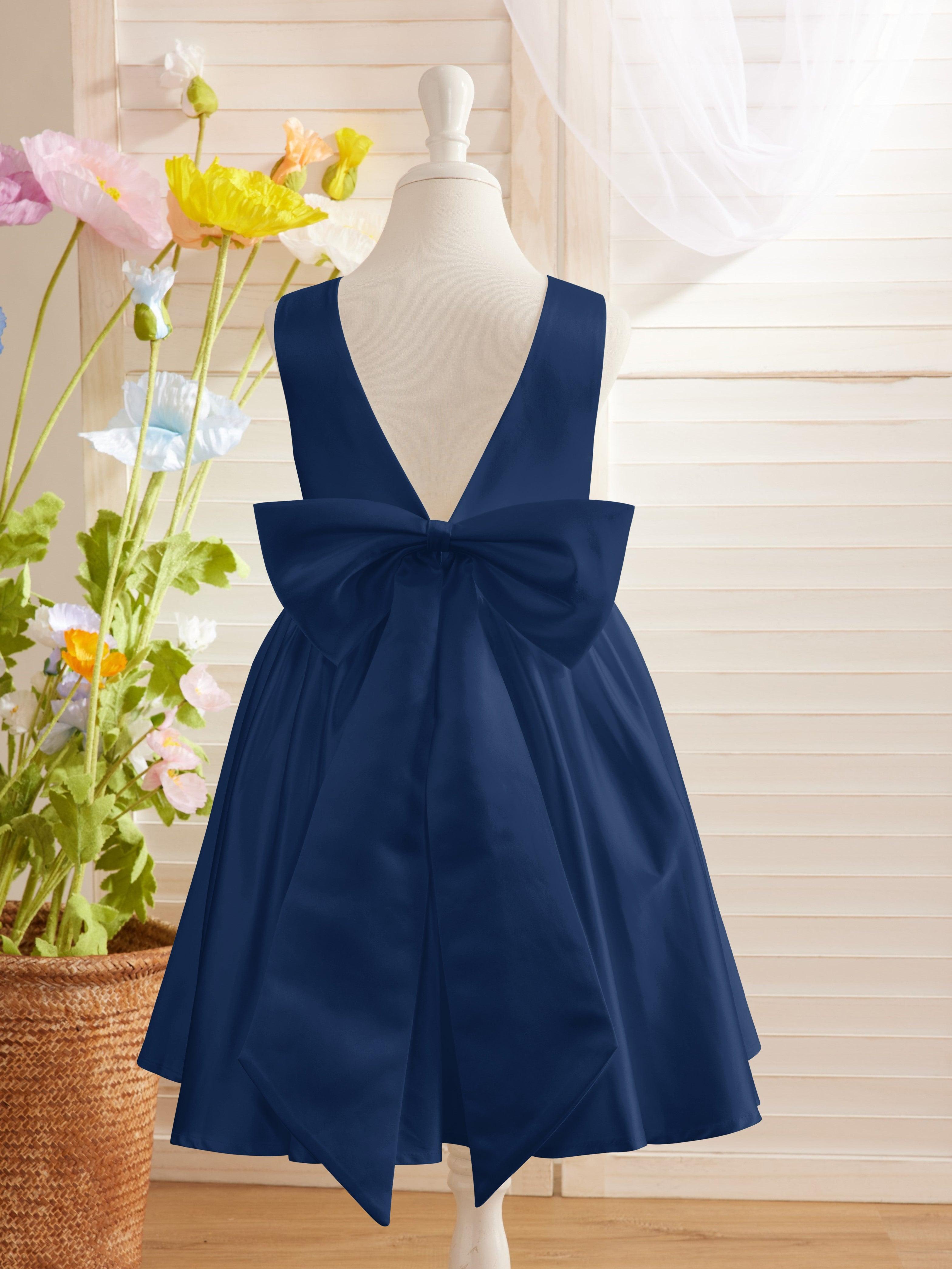 Ivory Satin Knee Length Flower Girl Dress Princess A Line Bow