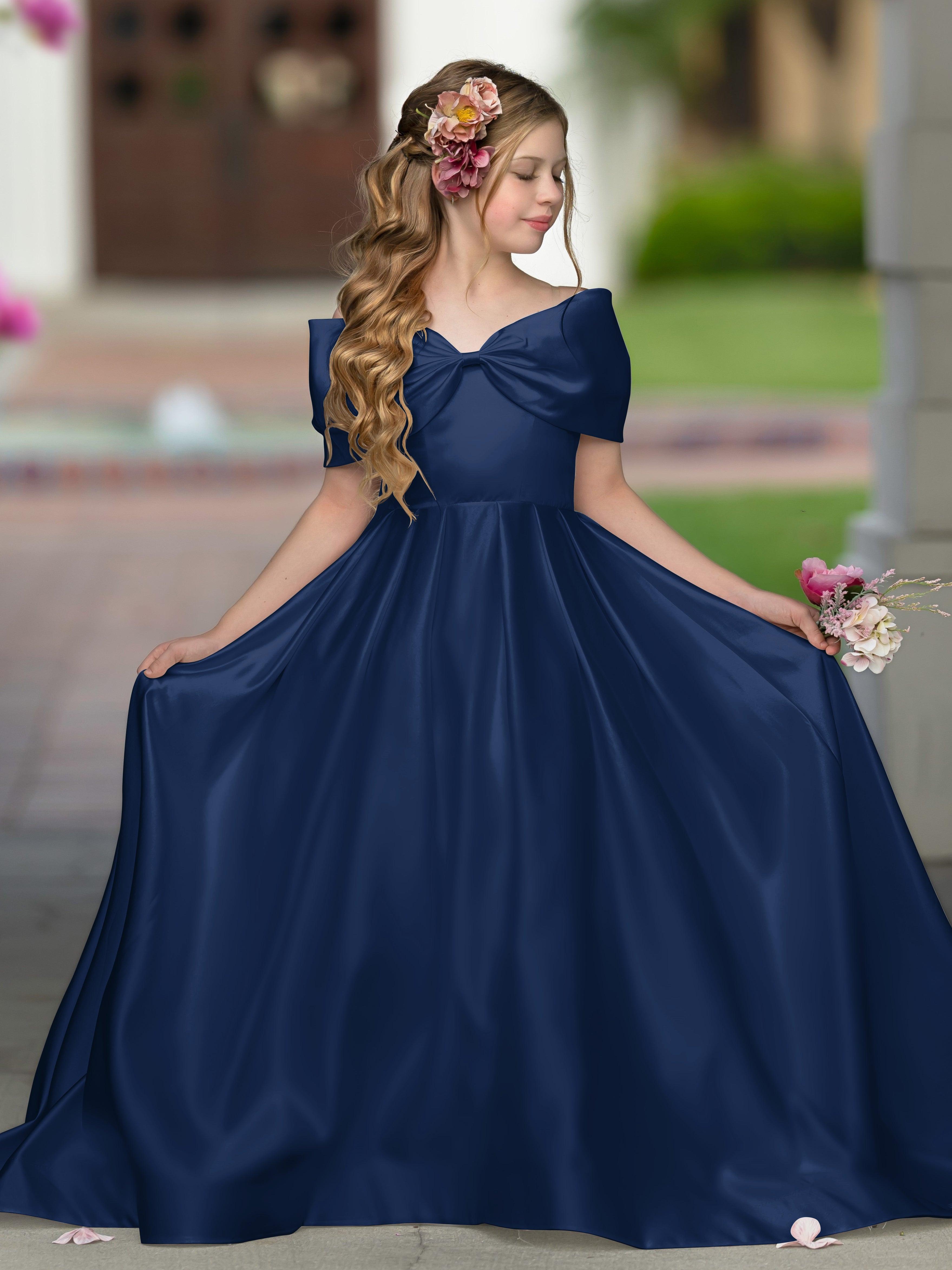 Ivory Satin Flower Girl Princess Ball Gown With Sweep Train And Bow Trim