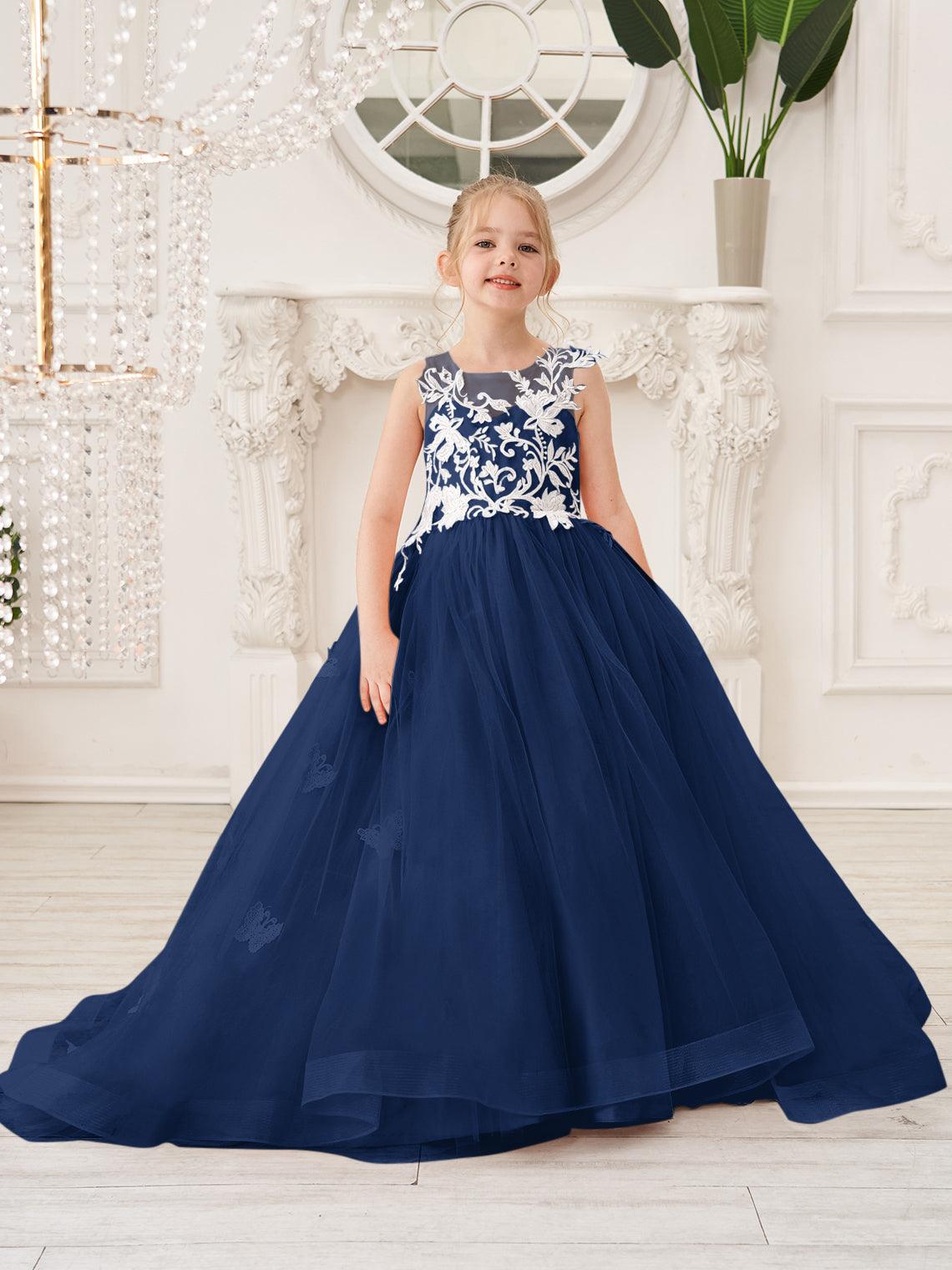 Elegant Sleeveless Tulle Flower Girl Dress With Applique Lace And Sweep Train