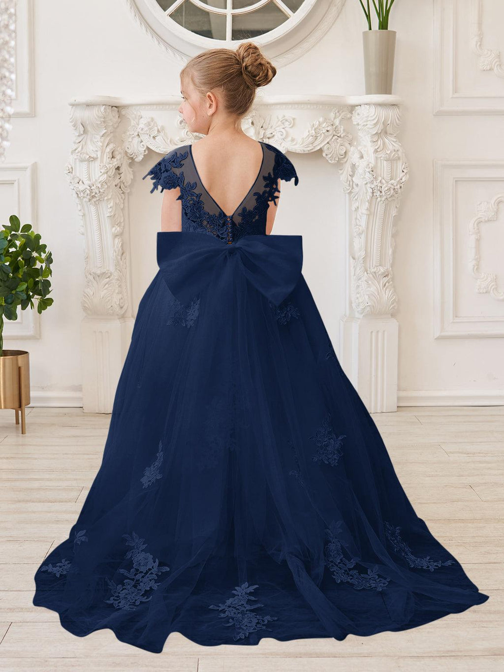 Ivory Lace Tulle First Communion Flower Girl Dress With Detachable Train