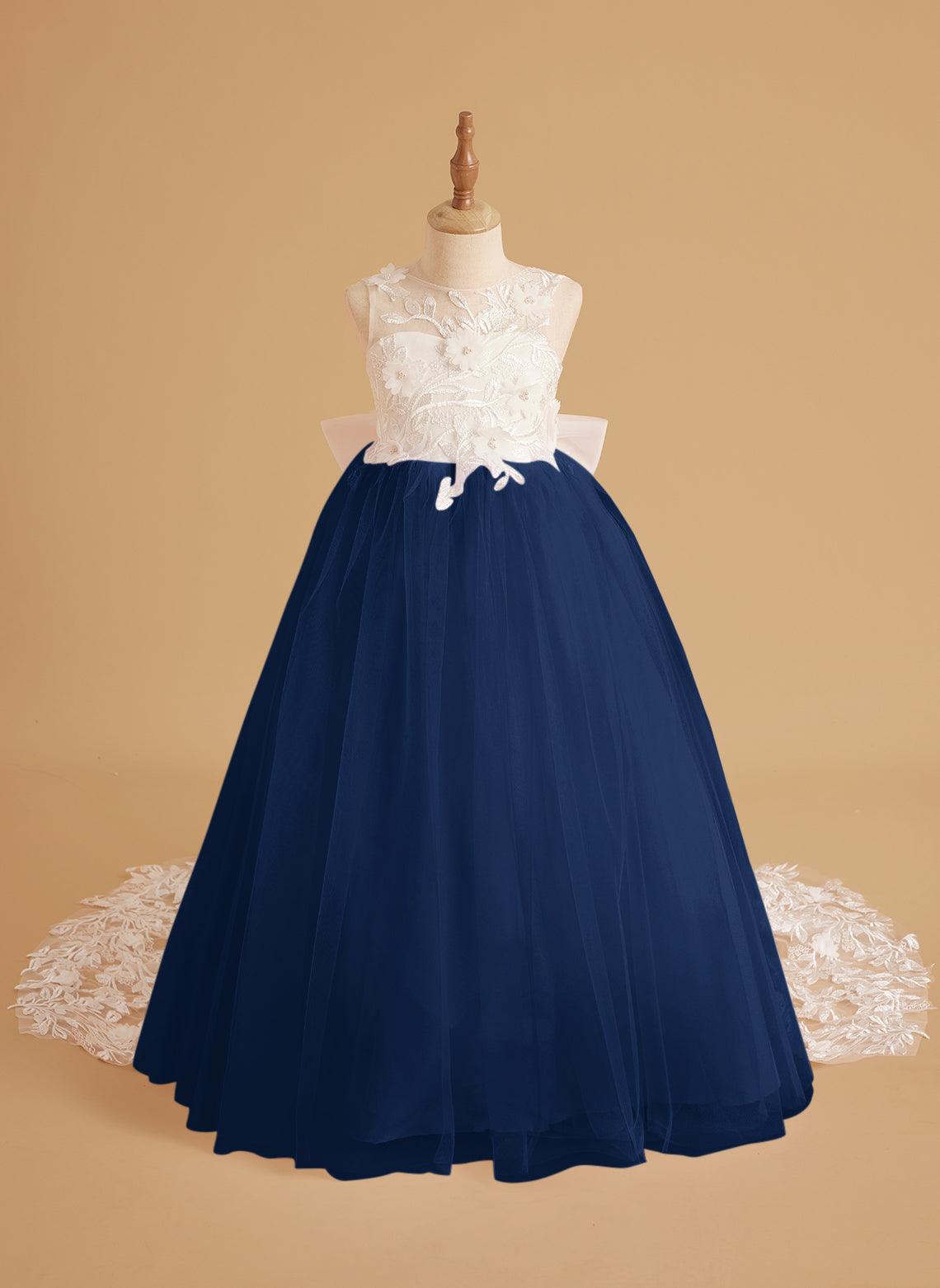 Sleeveless Princess Flower Girl Dress With Detachable Train And Beaded Lace