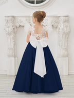 Detachable Lace Tulle Flower Girl Dress With Bow And Sweep Train