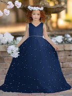 Floor Length V Neck Satin Tulle Princess Flower Girl Dress