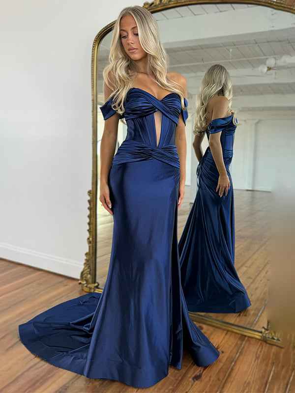 Red Mermaid Off Shoulder Corset Long Prom Dress With Slit