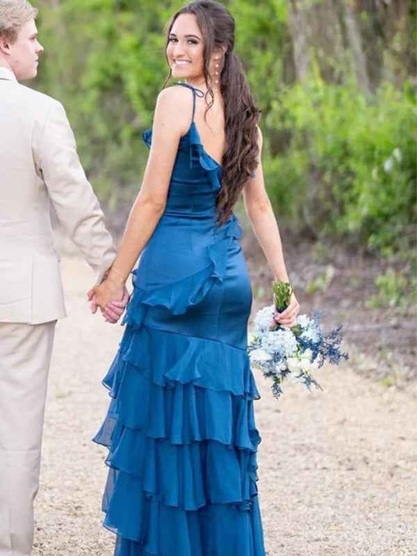 Red Mermaid Long Prom Dress With Spaghetti Straps And Cascading Ruffles