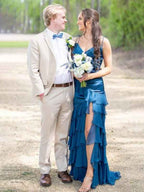 Red Mermaid Long Prom Dress With Spaghetti Straps And Cascading Ruffles