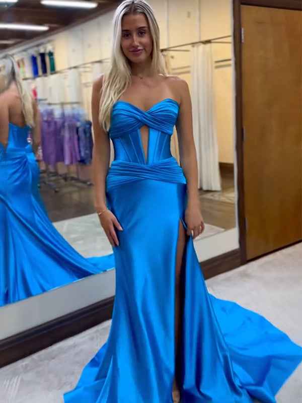 Navy Blue Strapless Mermaid Corset Prom Dress With Slit