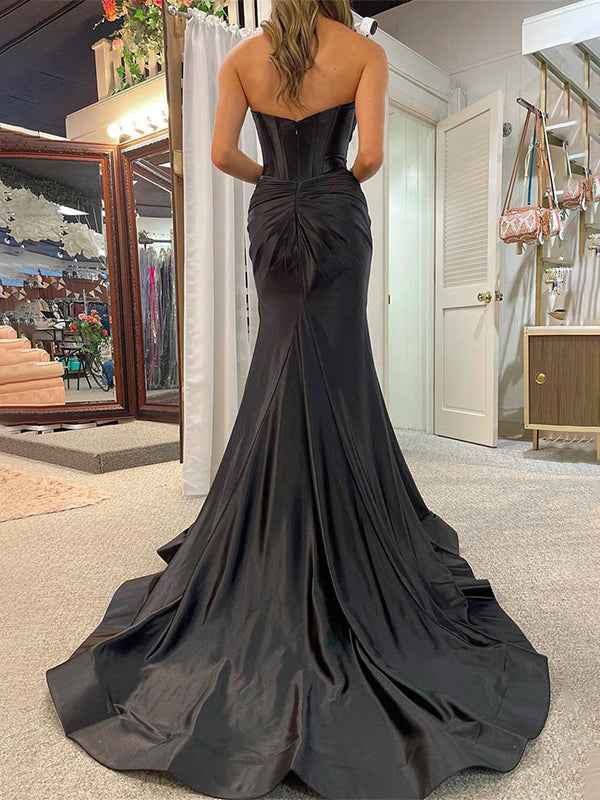 Navy Blue Strapless Mermaid Corset Prom Dress With Slit