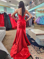 Navy Blue Strapless Mermaid Corset Prom Dress With Slit