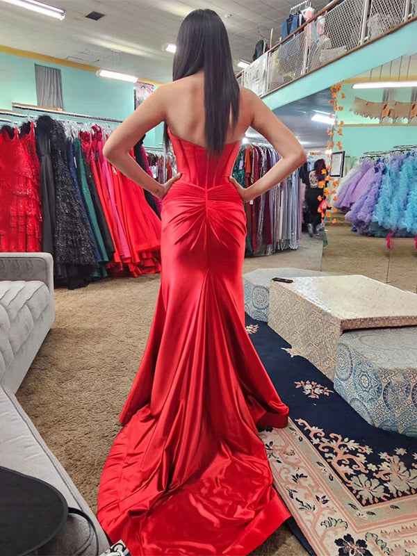 Navy Blue Strapless Mermaid Corset Prom Dress With Slit