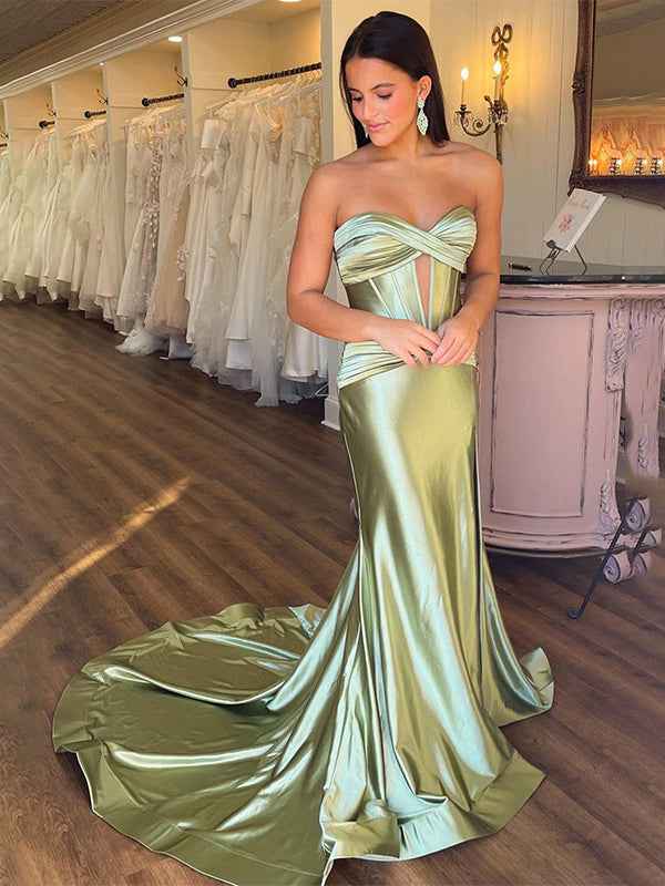 Navy Blue Strapless Mermaid Corset Prom Dress With Slit