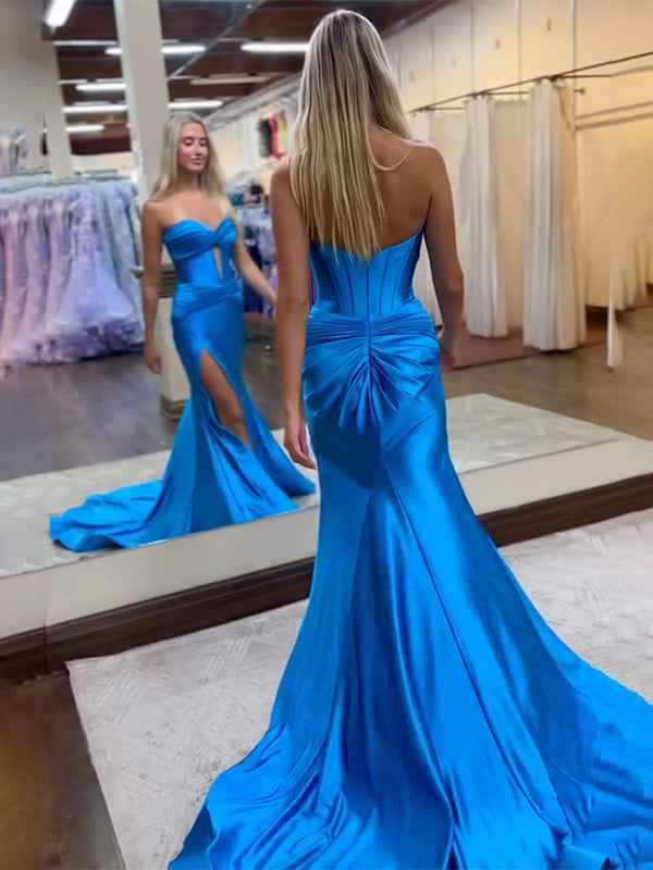 Navy Blue Strapless Mermaid Corset Prom Dress With Slit