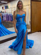 Navy Blue Strapless Mermaid Corset Prom Dress With Slit
