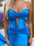 Navy Blue Strapless Mermaid Corset Prom Dress With Slit
