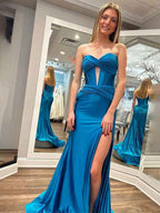 Navy Blue Strapless Mermaid Corset Prom Dress With Slit