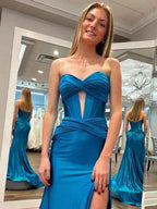 Navy Blue Strapless Mermaid Corset Prom Dress With Slit