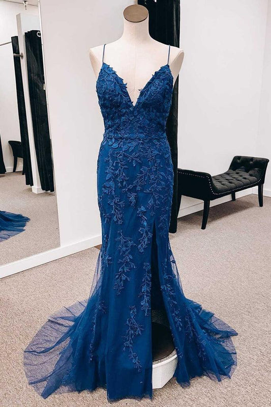 Appliques Lace-Up Back Mermaid Long Prom Dress with Slit