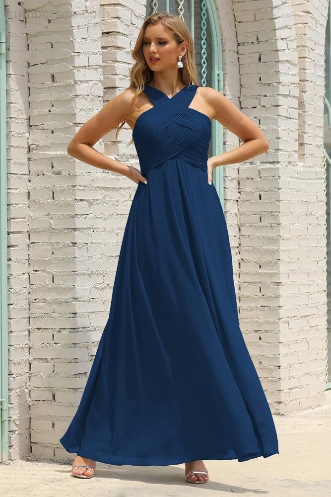 Vestido de Dama de Honra Halter em Chiffon para Mulher, Modelo A-Line, Longo, Formal, para Baile de Finalistas SEA28015
