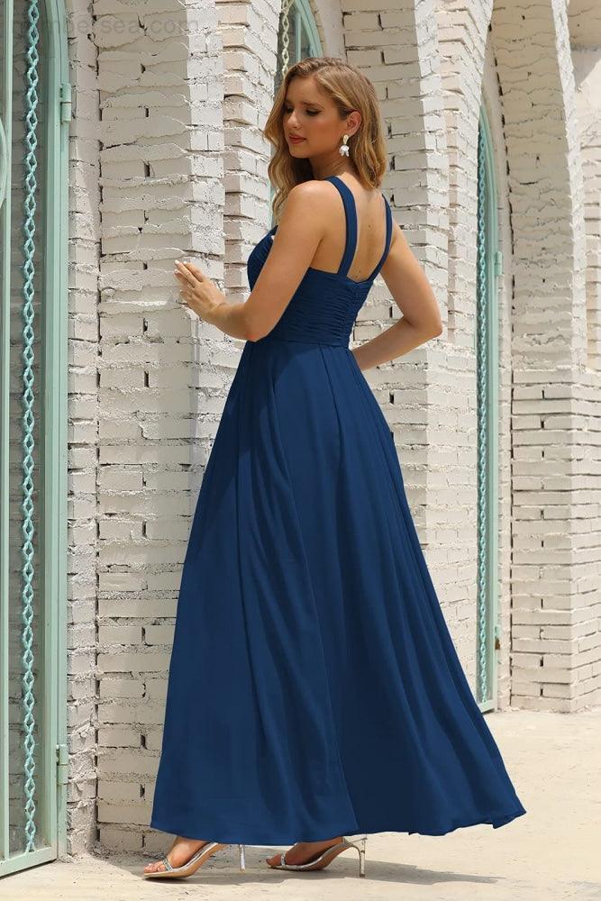 Vestido de Dama de Honra Halter em Chiffon para Mulher, Modelo A-Line, Longo, Formal, para Baile de Finalistas SEA28015