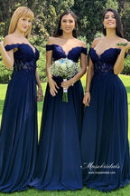 Navy Blue Chiffon A-line Off-the-Shoulder Lace Long Bridesmaid Dresses