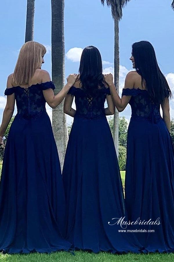 Navy Blue Chiffon A-line Off-the-Shoulder Lace Long Bridesmaid Dresses