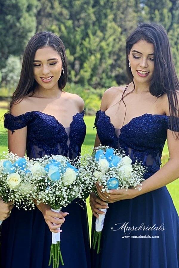 Navy Blue Chiffon A-line Off-the-Shoulder Lace Long Bridesmaid Dresses