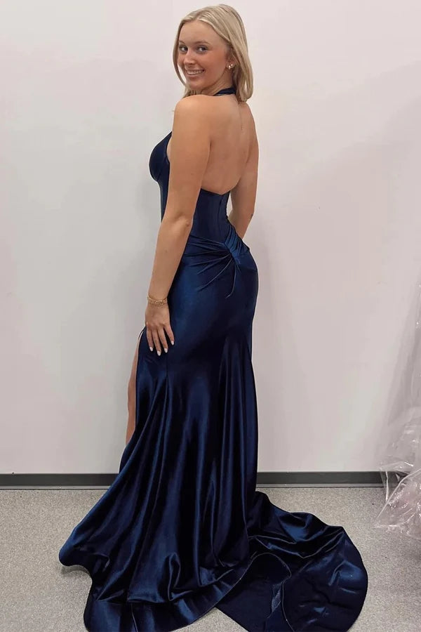 Vestido de fiesta largo de sirena con cuello halter azul marino y abertura