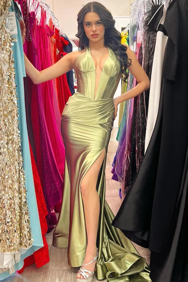Vestido de fiesta largo de sirena con cuello halter azul marino y abertura