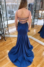 Abito lungo da cerimonia con scollo a V e strass, colore sirena blu