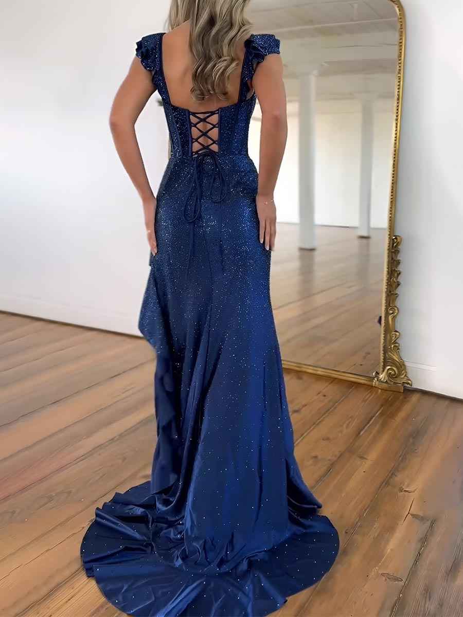Navy Blue Shimmer Ruffle Long Corset Prom Gown With Slit