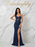 Navy Blue Sequin Corset Spaghetti Strap Prom Dress With Slit