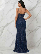 Navy Blue Sequin Corset Spaghetti Strap Prom Dress With Slit