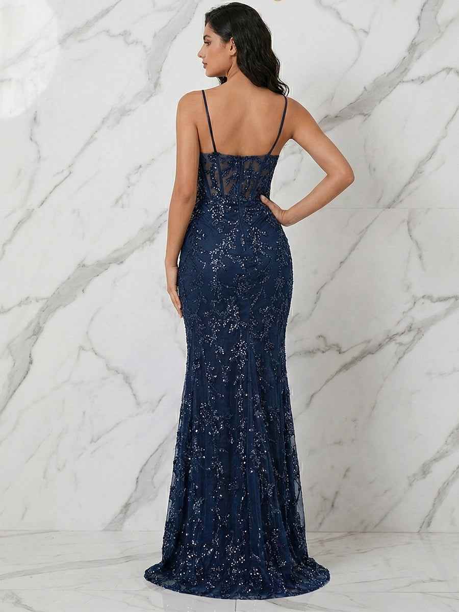 Navy Blue Sequin Corset Spaghetti Strap Prom Dress With Slit