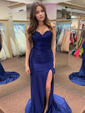 Navy Blue Strapless Ruched Satin Prom Dress With Lace Trim