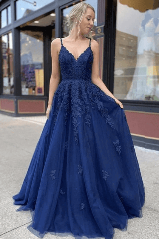 Vestidos de fiesta largos formales con escote en V y encaje de tul