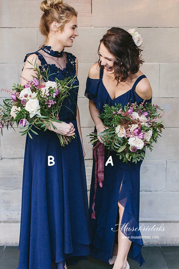 Vestidos de dama de honor de gasa azul marino con escote en V y corte A, vestido de fiesta de boda