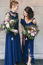 Vestidos de dama de honor de gasa azul marino con escote en V y corte A, vestido de fiesta de boda