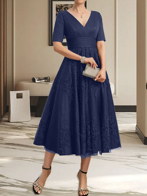 A-Linie V-Ausschnitt Wadenlanges Tüll-Spitzenkleid für die Brautmutter mit Plissee