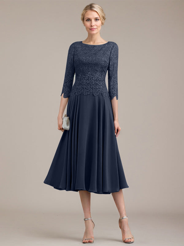 A-Linie U-Ausschnitt Wadenlang Chiffon-Kleid für die Brautmutter 
