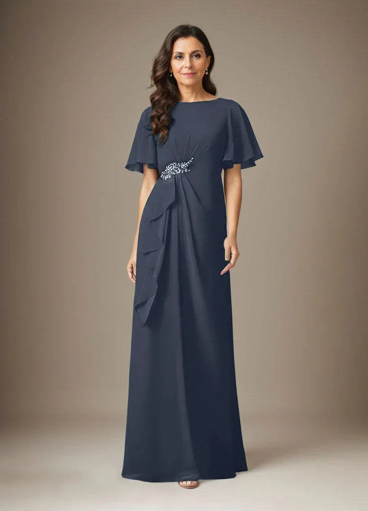 فستان شيفون ضيق مزين بالخرز بلون كحلي داكن