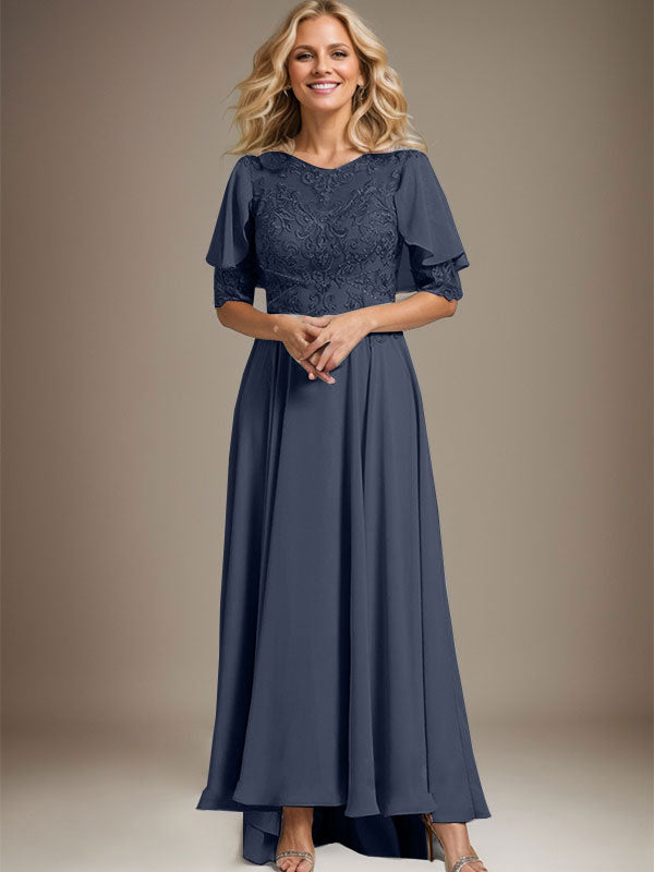Robe de mère de la mariée en mousseline et dentelle asymétrique à encolure dégagée en ligne A avec perles