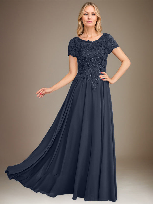 Robe de mère de la mariée en mousseline, longueur au sol, coupe en A, décolleté arrondi, ornée d'appliques et de paillettes