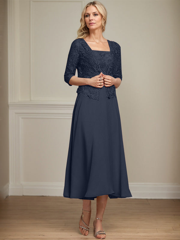 A-Linie Quadratisches Wadenlanges Chiffon-Spitzenkleid für die Brautmutter mit Pailletten und Perlen 