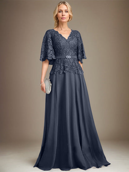 A-Linie V-Ausschnitt Bodenlang Chiffon Spitze Mutter der Braut Kleid Mit Kristall Brosche Strass 