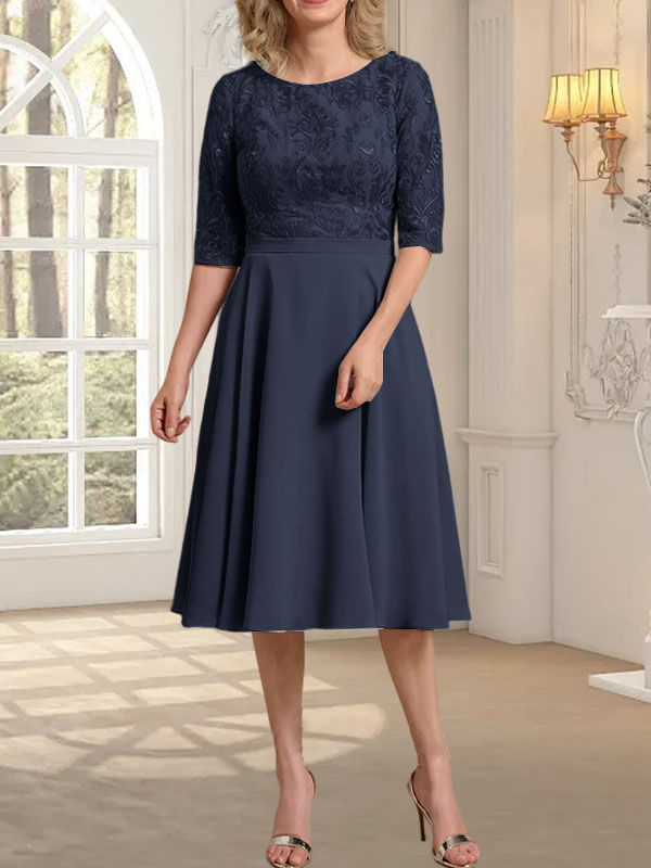 A-Linie U-Ausschnitt Knielang Chiffon Spitzenkleid für die Brautmutter