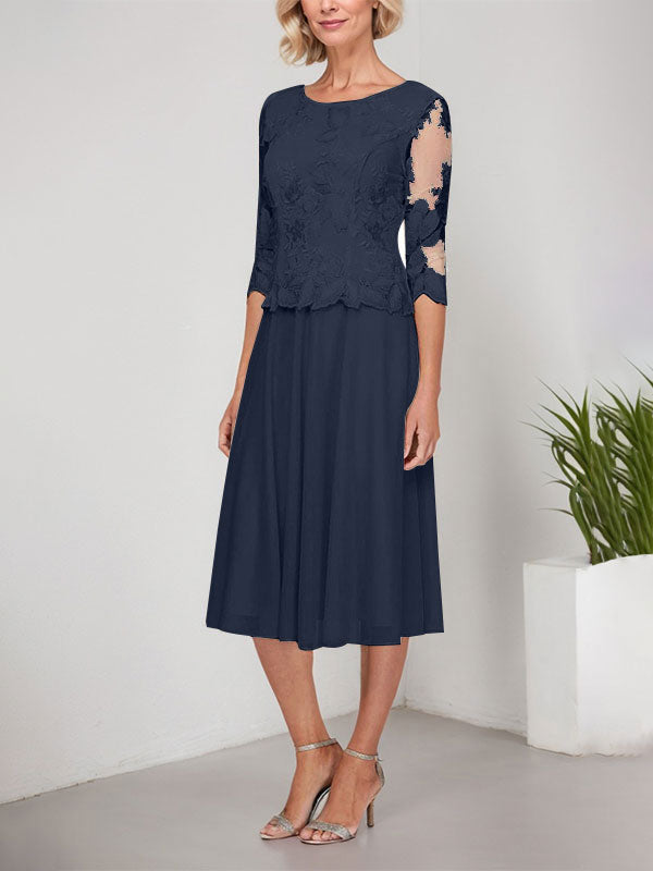 A-Linie U-Ausschnitt Wadenlang Spitzen Chiffon Mutter der Braut Kleid mit Stickerei 